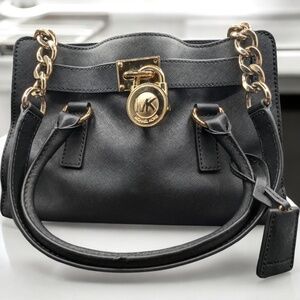 Michael Kors Hamilton Shoulder Satchel Saffiano Leather Black‎ Bag Medium Gold